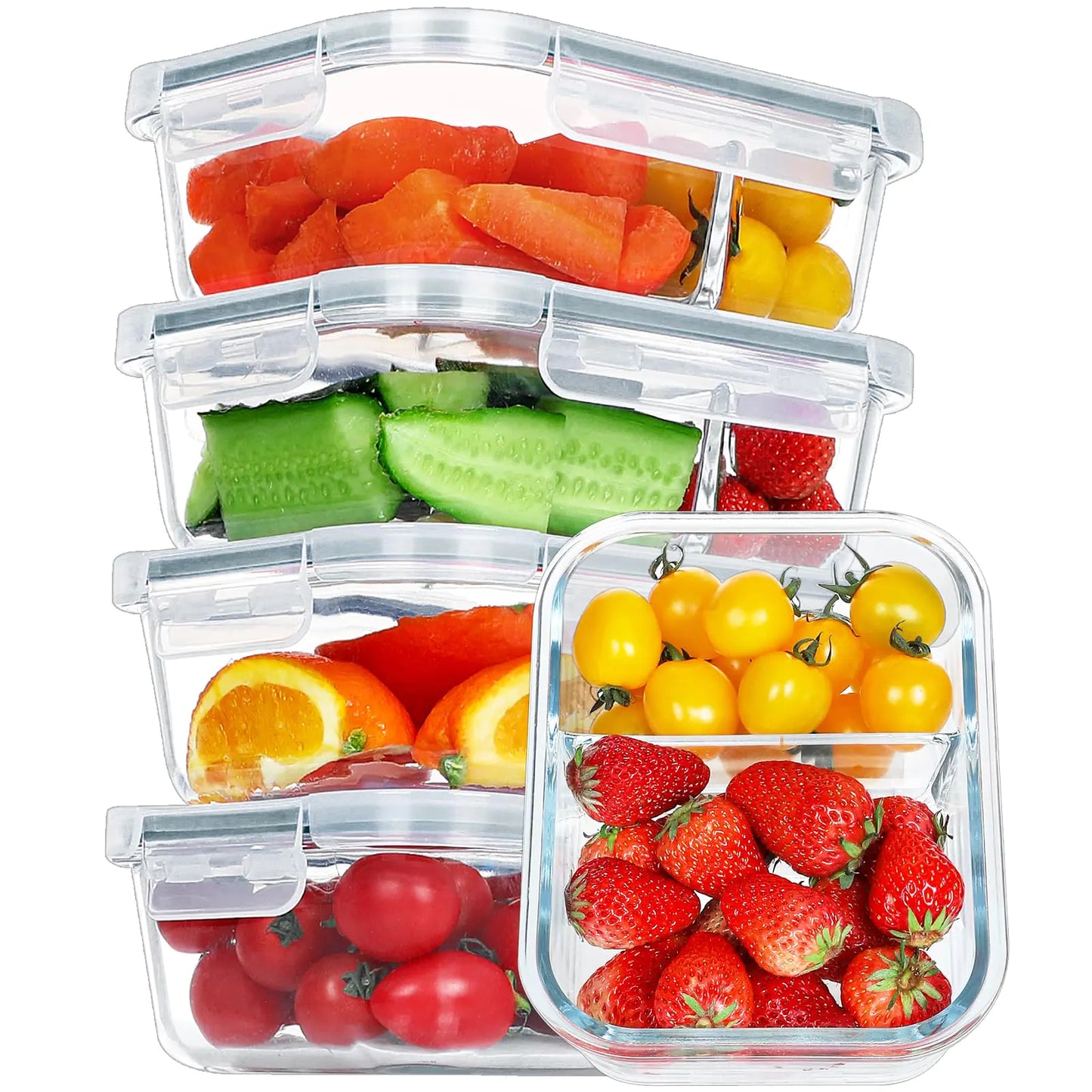 BAYZZ 35 Oz Glass Meal Prep Containers 2 Compartments 5 Packs Glass Food Storage Containers with Lids Glass Bento Lunch Box-Dishwasher Freezer & Microwave Safe