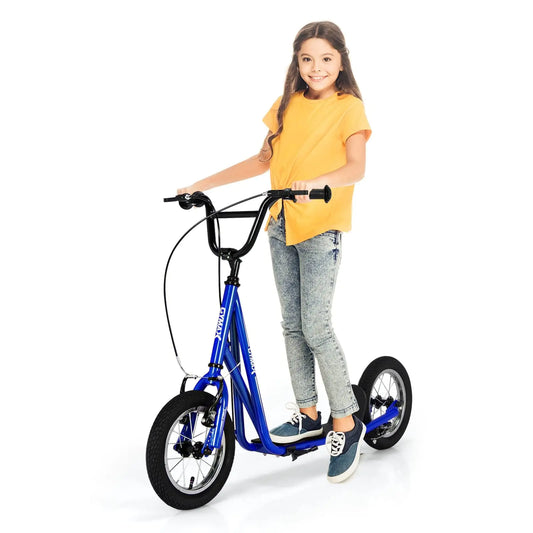 GYMAX Scooter Kids Scooter with Front and Rear Caliper Brakes 12” Inflatable Wheels & Axle Pegs Height Adjustable All Terrain Off-Road Scooter Pre-Assembled Scooter for 8+ Youth Adults (Blue)