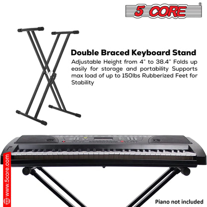 5Core Keyboard Stand Double X Style Adjustable  Piano Riser For 49 To 88 Keys + Gear