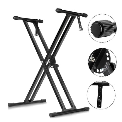 5Core Keyboard Stand Double X Style Adjustable Lift Piano Riser For 49 To 88 Keys BLACK