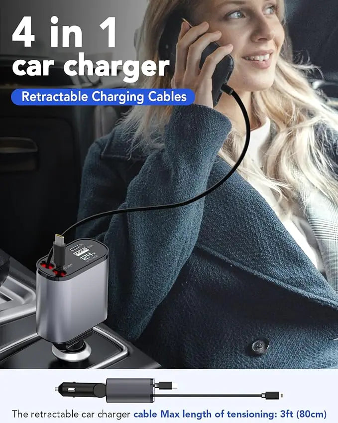 TIKTOK SHOP Retractable Car Charger, 4 in 1 Fast Car Phone Charger 66W, Retractable Cables and USB Car Charger,Compatible with iPhone 15/14/13/12/11,Galaxy,Pixel