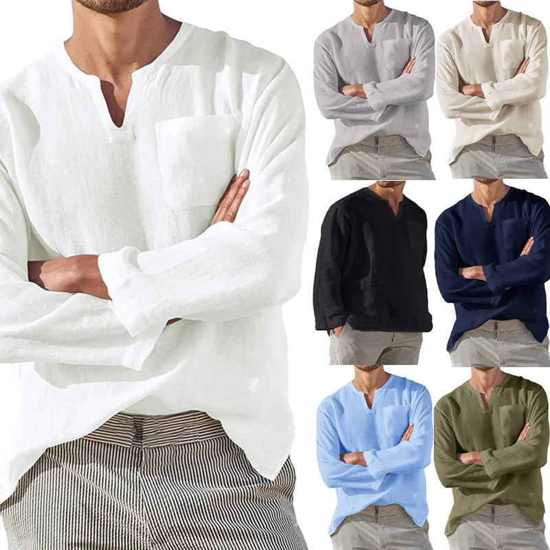 Hot Selling Men's Long Sleeve V-neck Casual Beach Linen Shirt For Men