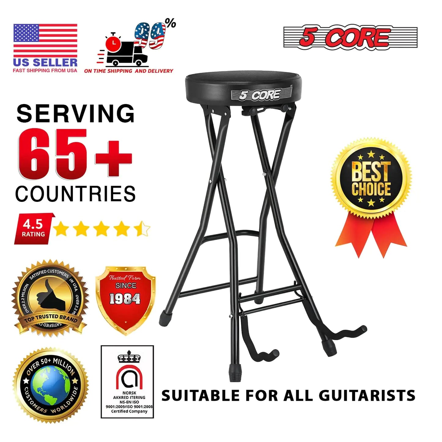 5Core Guitar Stool w Comfortable Padded Seat Foot Rest Guitar Holder w 300 Lbs Capacity