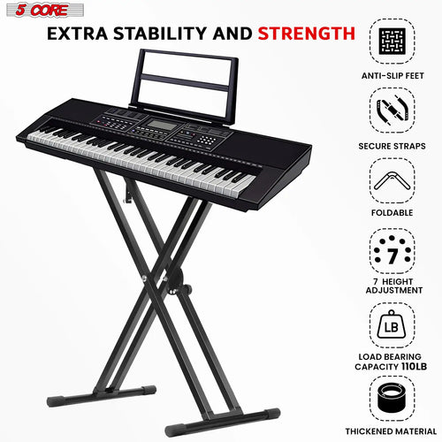 5Core Keyboard Stand Double X Style Adjustable Lift Piano Riser For 49 To 88 Keys BLACK