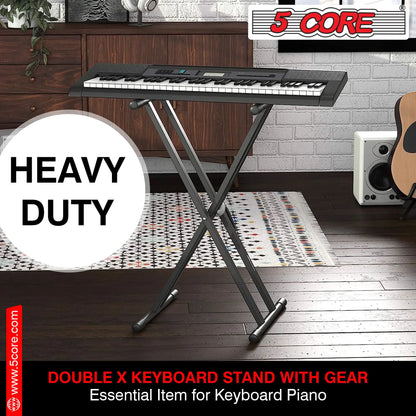 5Core Keyboard Stand Double X Style Adjustable  Piano Riser For 49 To 88 Keys + Gear