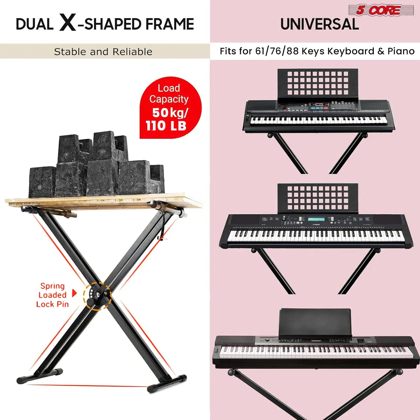 5Core Keyboard Stand Double X Style Adjustable Lift Piano Riser For 49 To 88 Keys BLACK