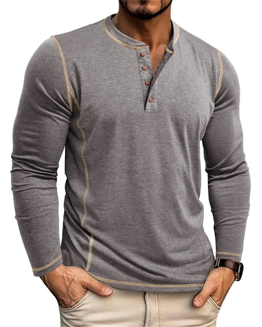 Mens Henley Shirts Casual Long Sleeve Button T-Shirts Basic Slim Fit Lightweight Tops Grey