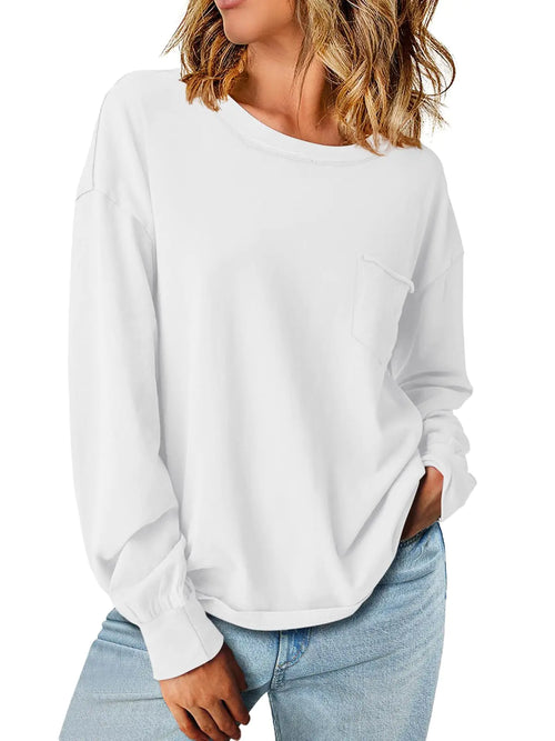 Bloggerlove Womens Long Sleeve Shirts Crew Neck Basic Tops 2024 Fall Tee Sweatshirts Trendy T Shirts Tunic Dressy Outfits White