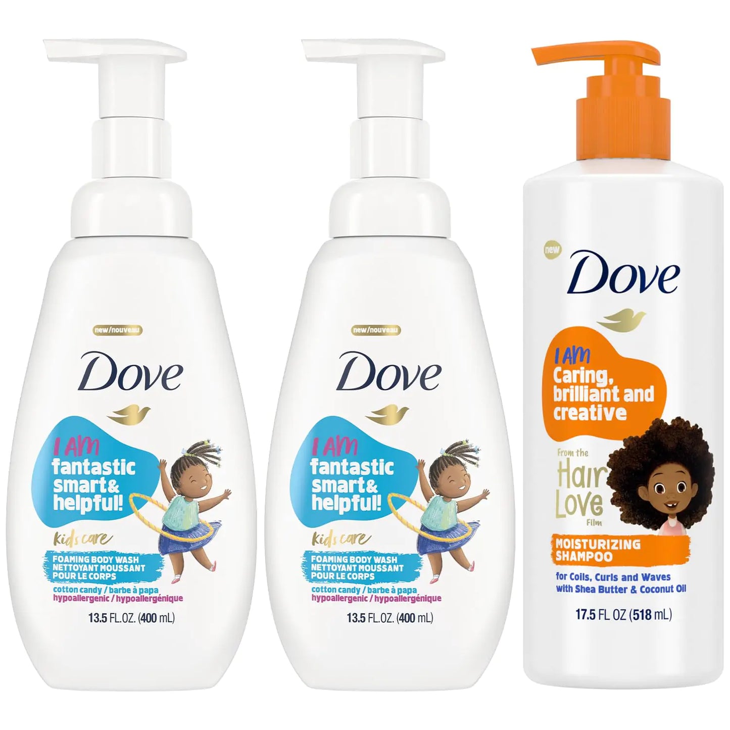 Dove Kids Care Body Wash 2-Pack + Moisturizing Shampoo Bundle - Cotton Candy Foaming Cleanser & Dove Shampoo with Shea Butter for Kids Curly Hair (3 Piece Set)