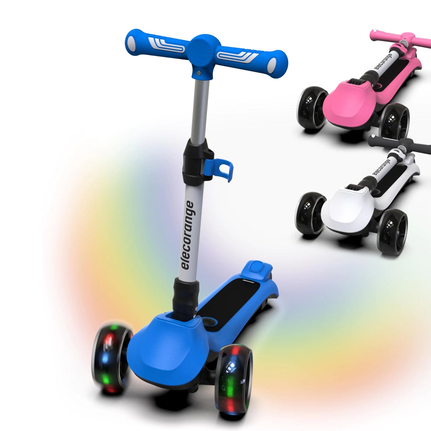 Elecorange T200 Electirc Scooter for Kids Light Up Scooter with Big LED Wheels Flashing Deck Adjustable Heights 3 Wheeled Scooter Balance Training Scooter for Kids 3-7 4-6 3+ Blue