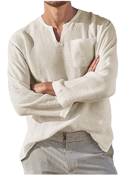 Hot Selling Men's Long Sleeve V-neck Casual Beach Linen Shirt For Men