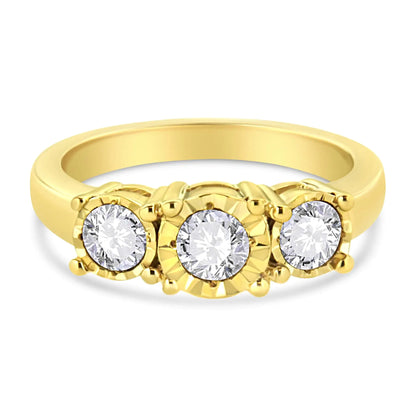 14K Yellow Gold Plated .925 Sterling Silver 1.00 Cttw Miracle-Set Round Diamond Three Stone Engagement Ring (K-L Color, I1-I2 Clarity)