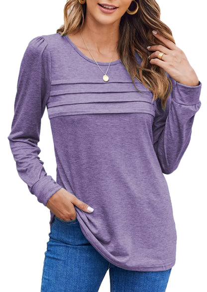 Bluetime Fall Outfits for Women 2024 Trendy Long Sleeve Shirts Trendy Pleated Winter Clothes Tunic Tops for Leggings Purple X-Large