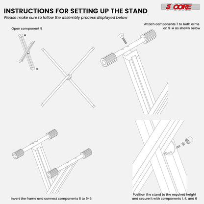 5Core Keyboard Stand Double X Style Adjustable Lift Piano Riser For 49 To 88 Keys BLACK