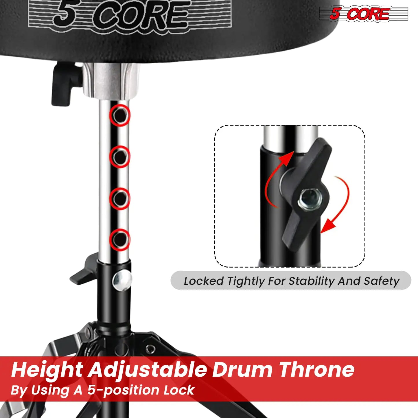 5Core Drum Throne Padded Guitar Stool Adjustable Drummer Seat for Adults & Kids BLACK