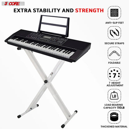 5Core Keyboard Stand Double X Style Adjustable Lift Piano Riser For 49 To 88 Keys WHITE